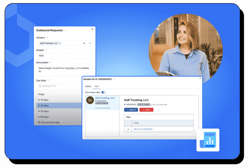 A woman holding a tablet smiles in an office; on the left, two digital forms display outbound request details and vendor information related to ISF filing deadlines on a blue background.