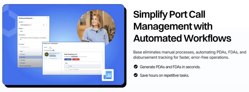 A promotional graphic shows a smiling woman in front of a screen with software UI elements. The text reads: “Simplify Port Call Management with an Automated Manifest System” with bullet points highlighting AMS filing benefits.
