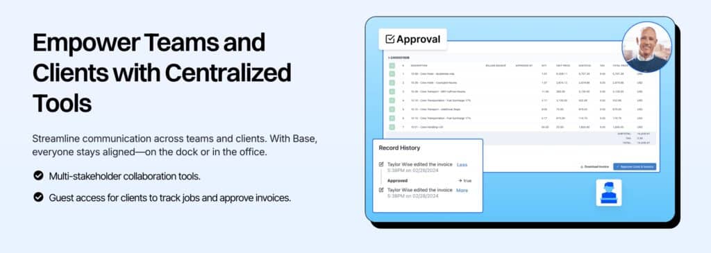 A promotional graphic for a team collaboration tool displays a software dashboard with invoice approval details, arrival notice OCR in shipping, a user’s profile photo, and key features like multi-stakeholder collaboration and guest access for clients.