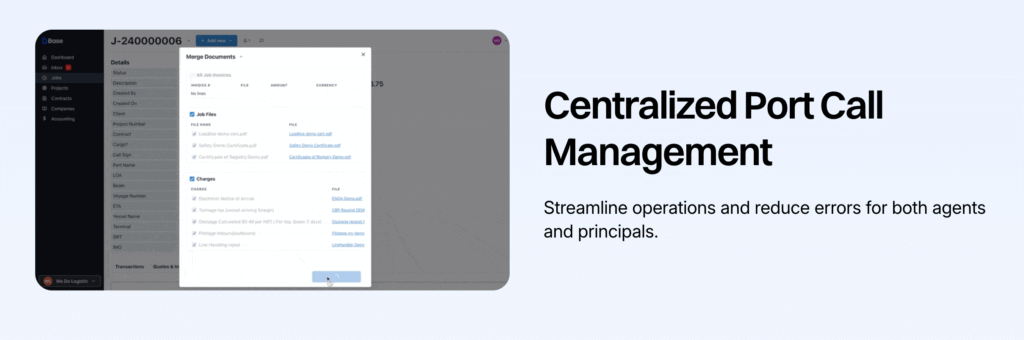 A software interface shows a pop-up window titled "Assign Documents," overlaying a dashboard. Text on the right reads "Centralized Port Call Management. Streamline cargo operations and reduce errors for both agents and principals with valid notice.