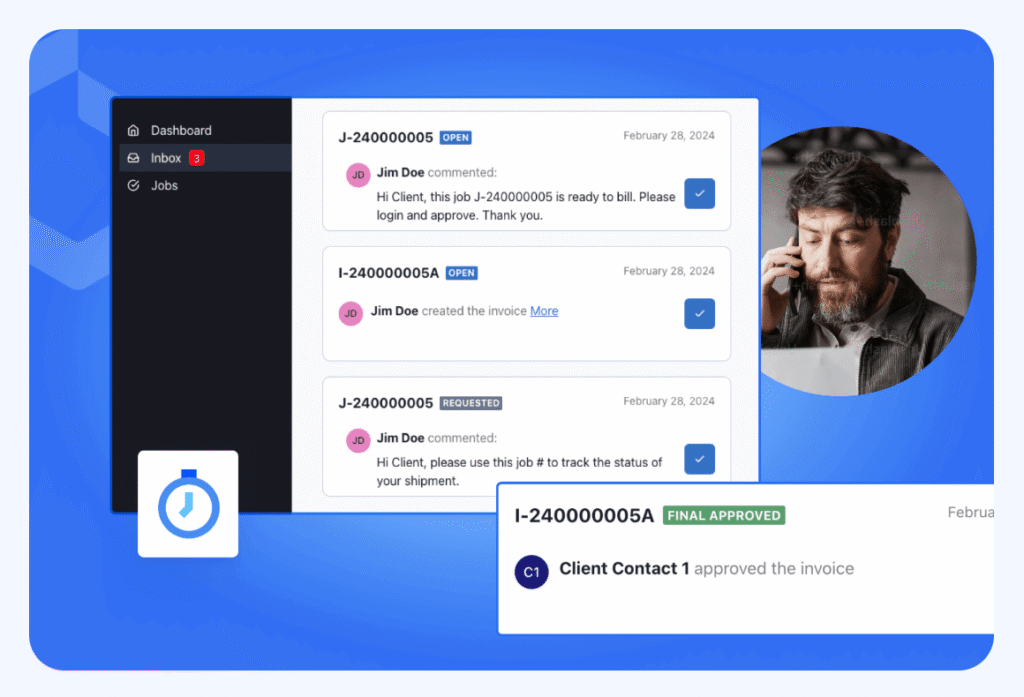 A dashboard shows job notifications and approvals, with messages to a client named Jim Doe. On the right, a man with a beard appears to be thinking or talking on the phone. Icons and interface elements are visible throughout.