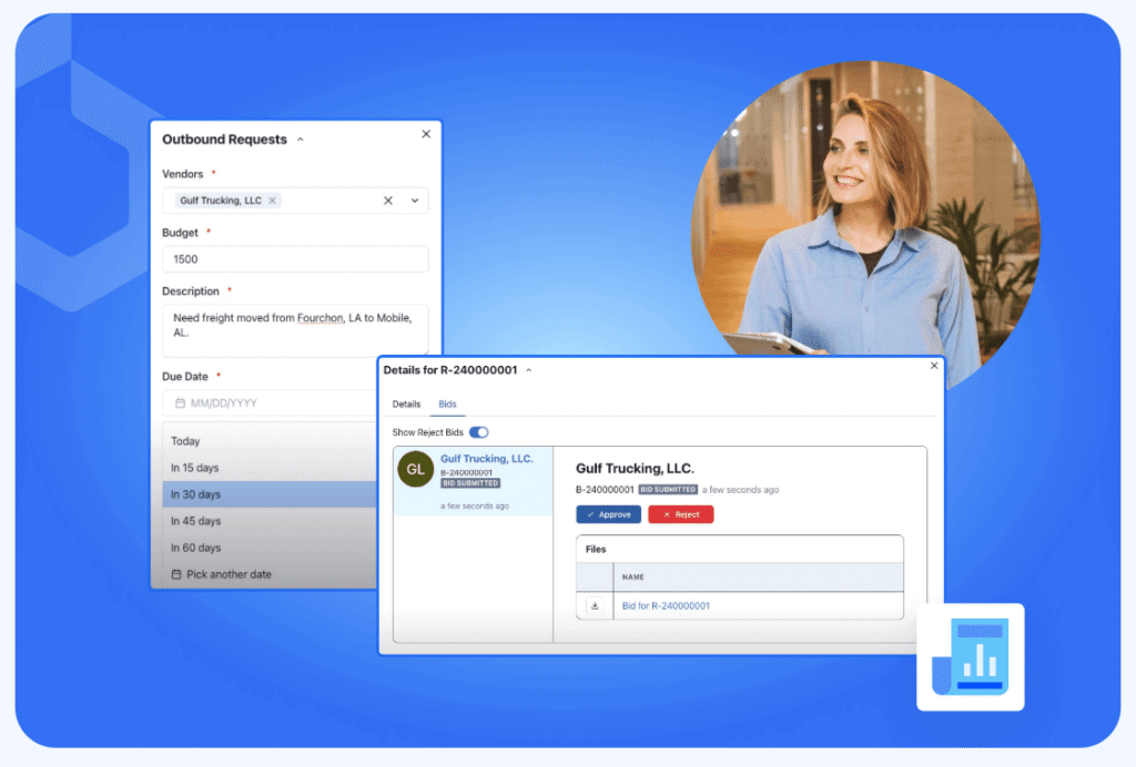 A composite image shows a woman smiling while holding a notebook, alongside digital screens displaying logistics software for outbound requests and bid details from Gulf Trucking, LLC, highlighting tools for logistics service providers on a blue background.