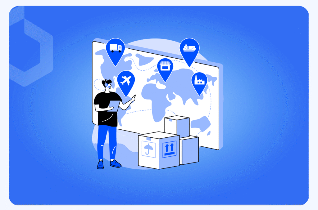 Illustration of a person with a tablet standing next to shipping boxes in front of a world map, featuring icons for truck, airplane, ship, and warehouse representing global logistics and transportation.