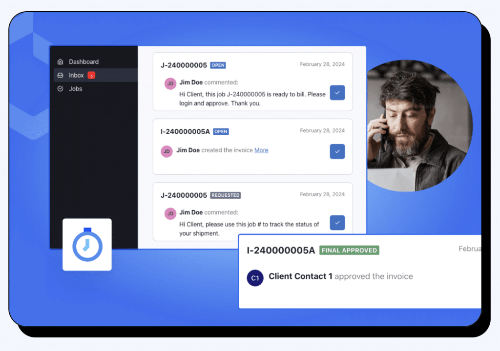 A dashboard displays invoice notifications, including pilotage charge details and comments, with a sidebar showing Inbox and Jobs. An image of a man talking on the phone appears in the top right, and an approved invoice notification is at the bottom.