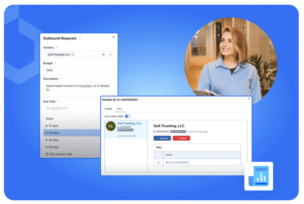 A woman smiles while holding a tablet. Overlapping her image are screenshots of a software interface showing outbound requests, a budget form, and delivery details for Gulf Trucking, LLC—streamlining port call management for port service providers.