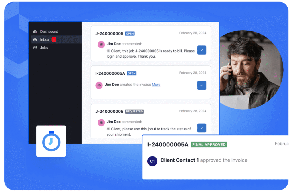 A software dashboard displays a sidebar with Dashboard, Inbox, and Jobs icons, job status updates and comments, and a man with a beard using a smartphone in the top right—ideal for managing port operations or tracking cargo handling equipment. A stopwatch icon appears bottom left.