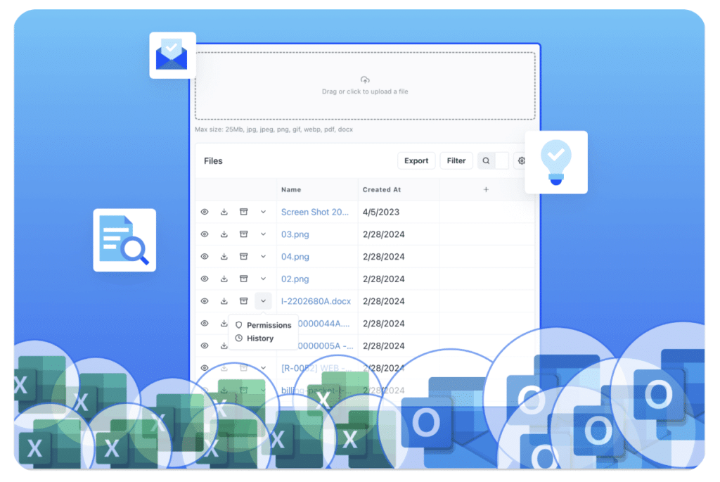 A file management interface displays uploaded files with details like name and date, surrounded by floating icons of Excel, Outlook, and documents, on a blue gradient background—ideal for flag state inspectors to ensure safety and compliance.