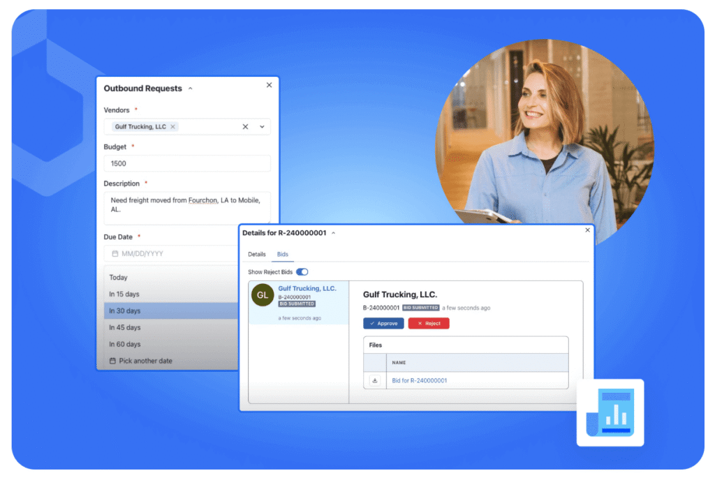 A smiling woman holding a tablet stands beside two software interface windows showing outbound request and vessel agent checklist details, all set against a blue background with geometric accents.