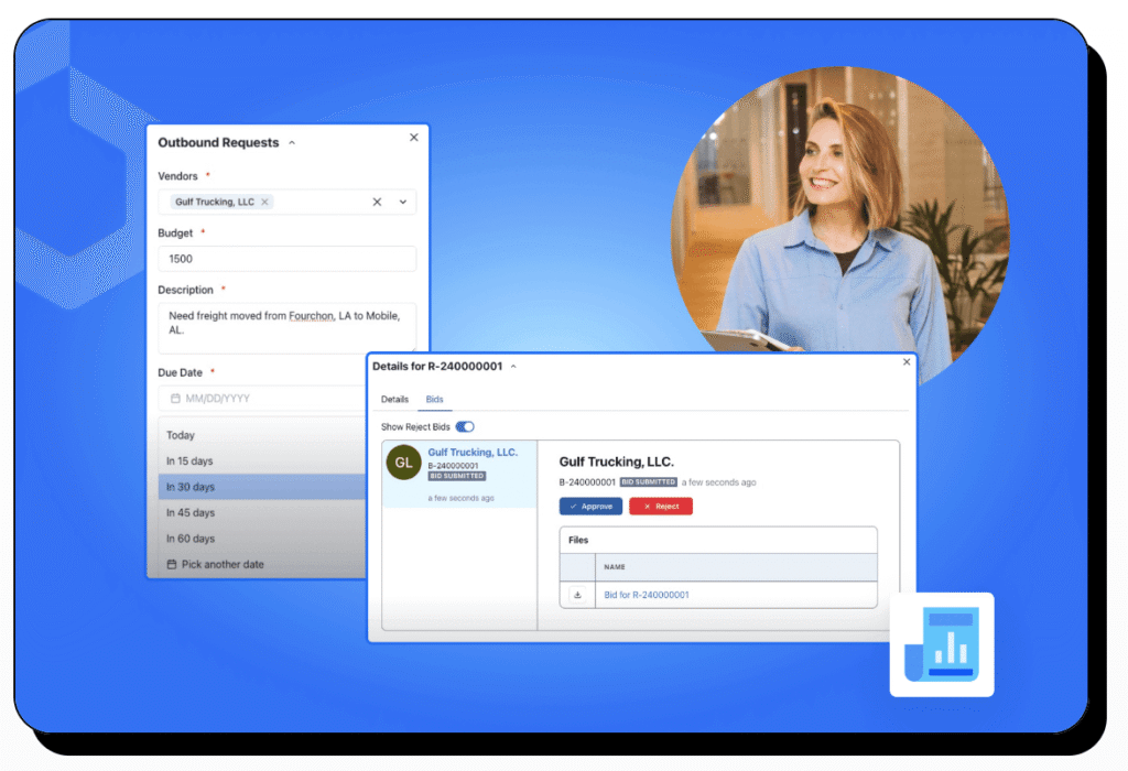 A screenshot of Base software showing outbound requests and an example of Gulf Trucking LLC.