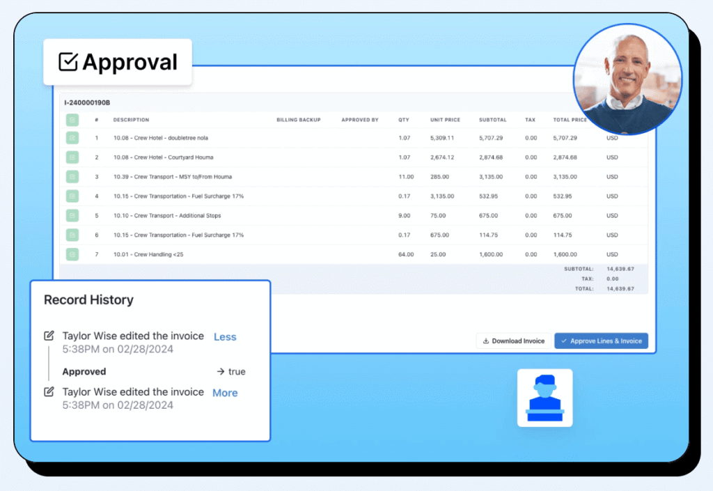 Ship agent liability example shown through invoice approval workflow and record history tracking in port operations software