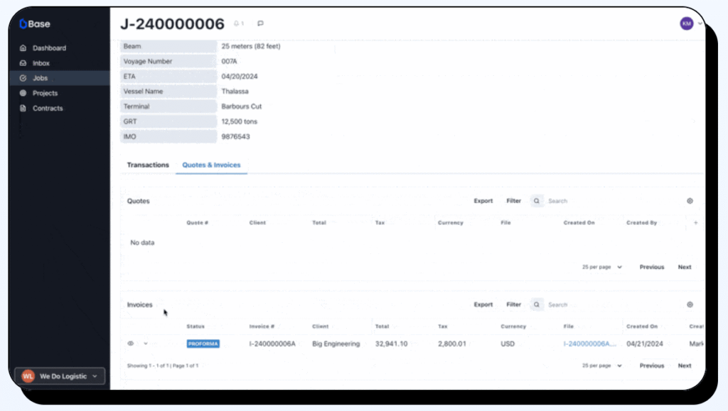 Software dashboard showing vessel job details used to manage multiple port calls efficiently