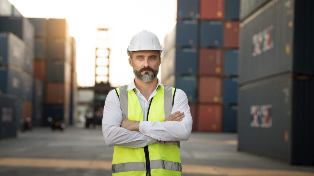 Ship agent liability concept with port supervisor standing in front of stacked containers during terminal operations