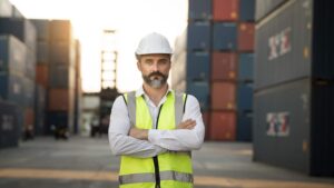 Ship agent liability concept with port supervisor standing in front of stacked containers during terminal operations