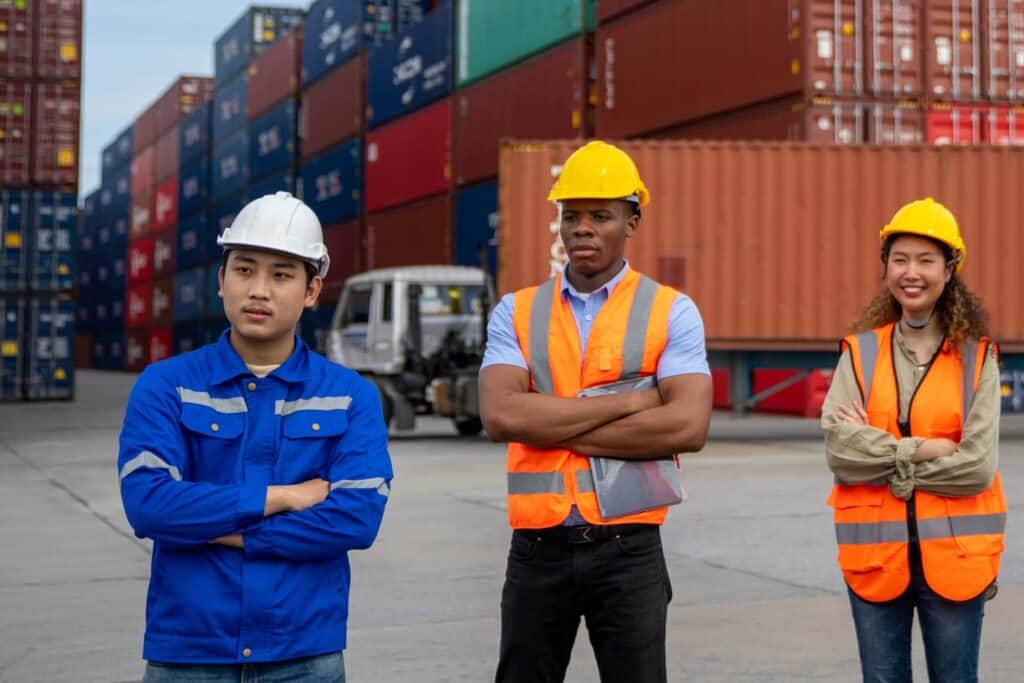 Ship agent liability tied to team coordination with port workers standing in front of container stacks during operations