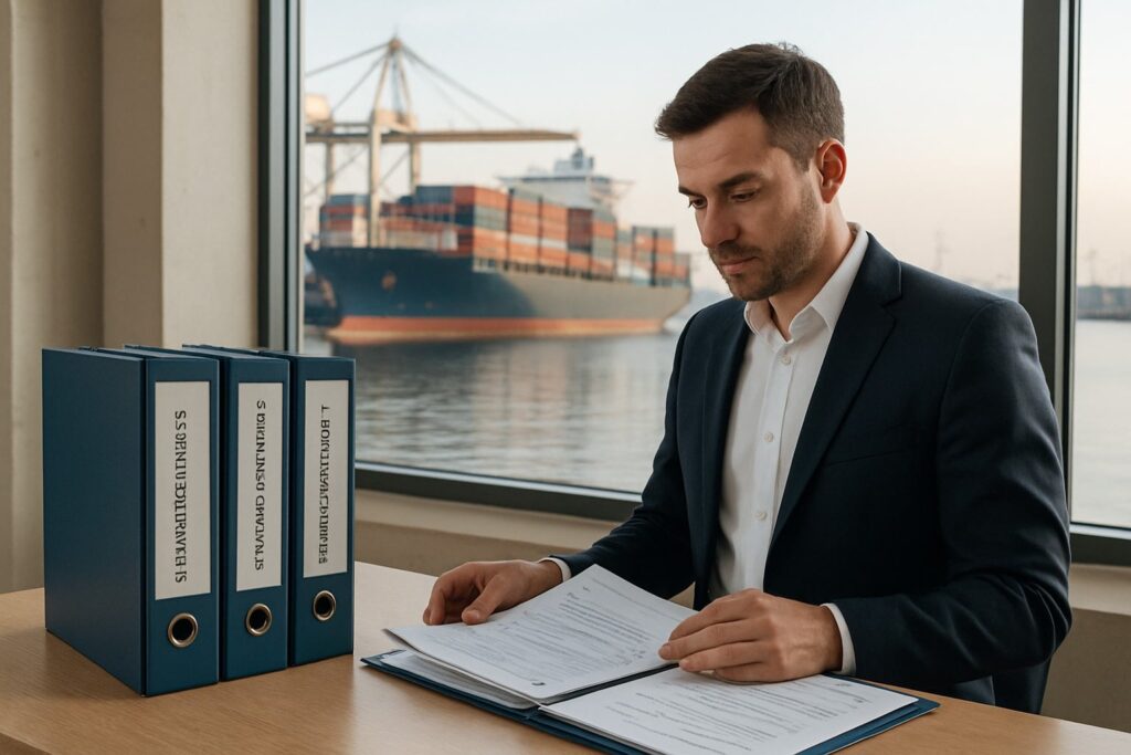 A vessel agent standing at a port operations desk reviewing International Maritime Organization's rules and folders and a pre-arrival checklist, with a large container ship moored at berth visible through the window, morning light, realistic editorial photography style