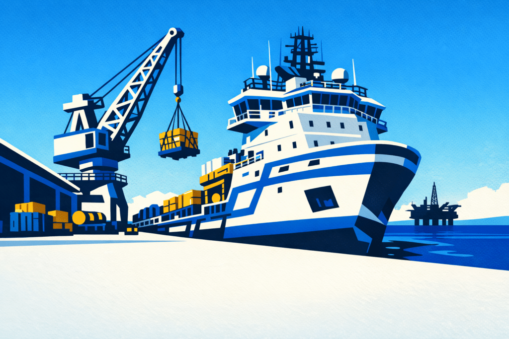 Mid-century style illustration of an offshore supply vessel at a dock loading cargo with a crane and an offshore rig silhouette on the horizon