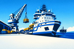 Mid-century style illustration of an offshore supply vessel at a dock loading cargo with a crane and an offshore rig silhouette on the horizon