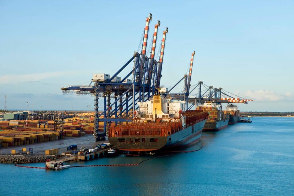 Port operations with cargo ships and cranes illustrating the shipping documentation process at a terminal