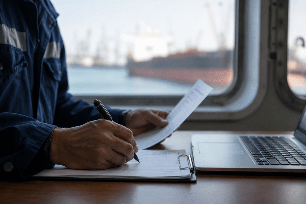 Close-up of a vessel agent completing a bunker delivery note form with a ship visible through the cabin window.