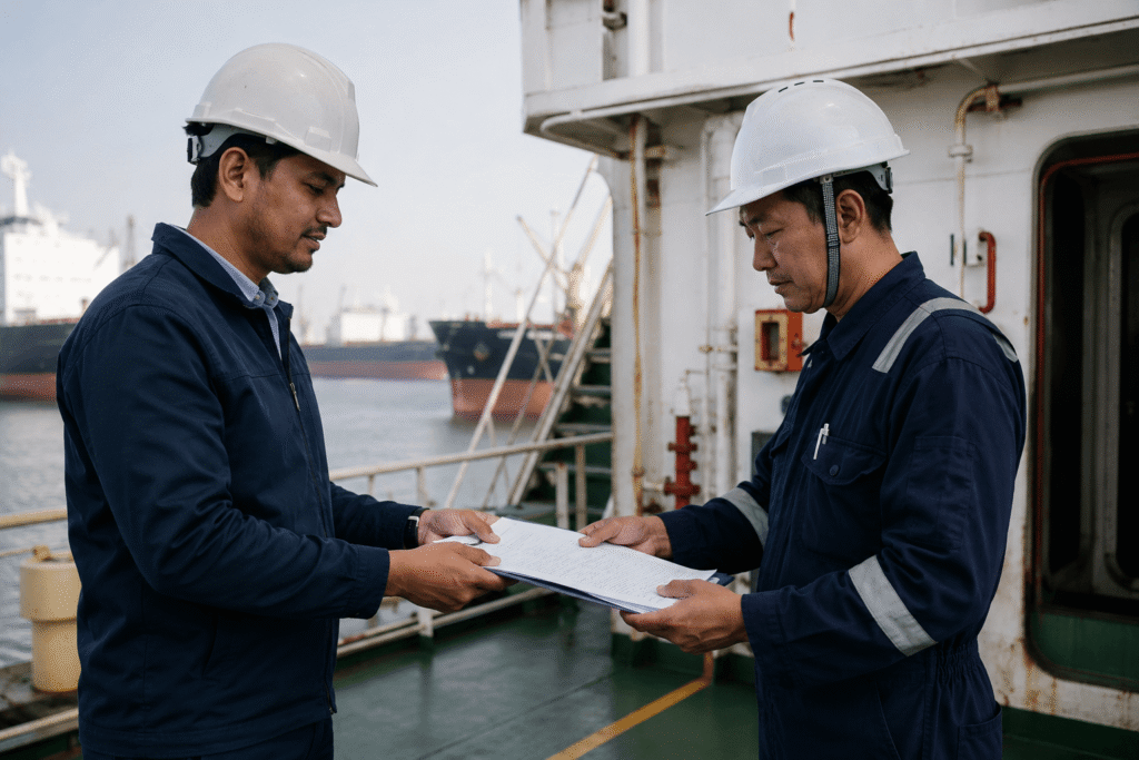 Vessel agent and ship worker exchanging a bunker delivery note during a BDN handover on board a vessel.