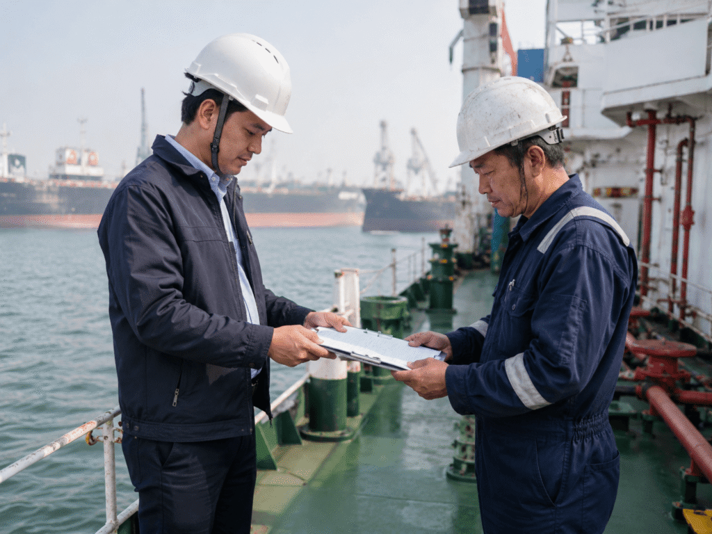Vessel agent handing a bunker delivery note to a ship worker during a fuel delivery handover on the vessel deck.
