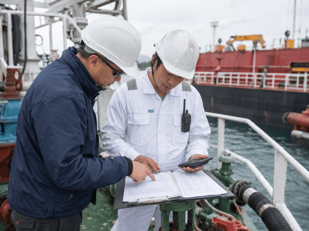Vessel agent and ship worker checking bunker delivery note figures during a fuel quantity review on deck beside a bunker vessel.