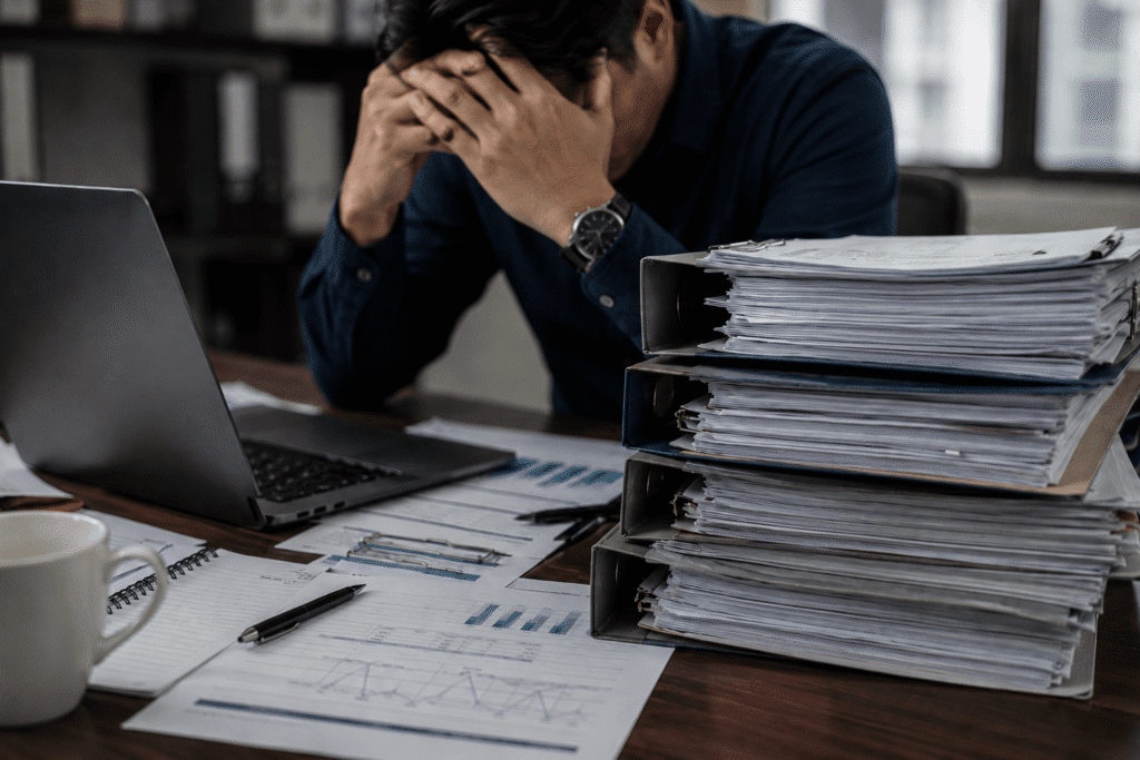 Overwhelmed vessel agent reviewing a large bunker delivery note documentation file with loose reports and claims paperwork on the desk.