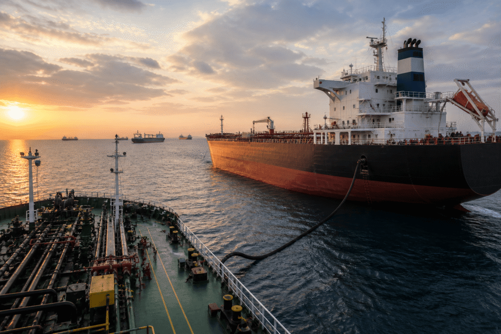 Tanker vessel receiving fuel via hose connection during bunker call coordination at sea with multiple ships in the background at sunset.