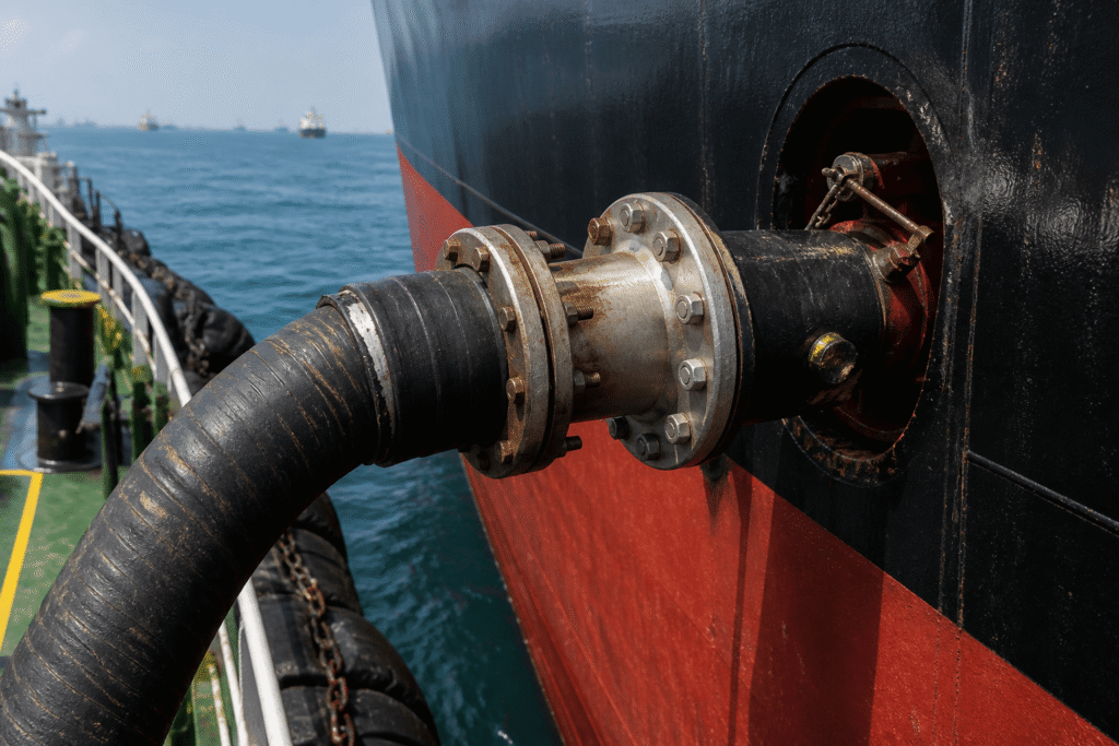 Close-up of industrial fuel hose securely attached to a vessel hull during bunker call coordination, showing detailed marine transfer equipment.