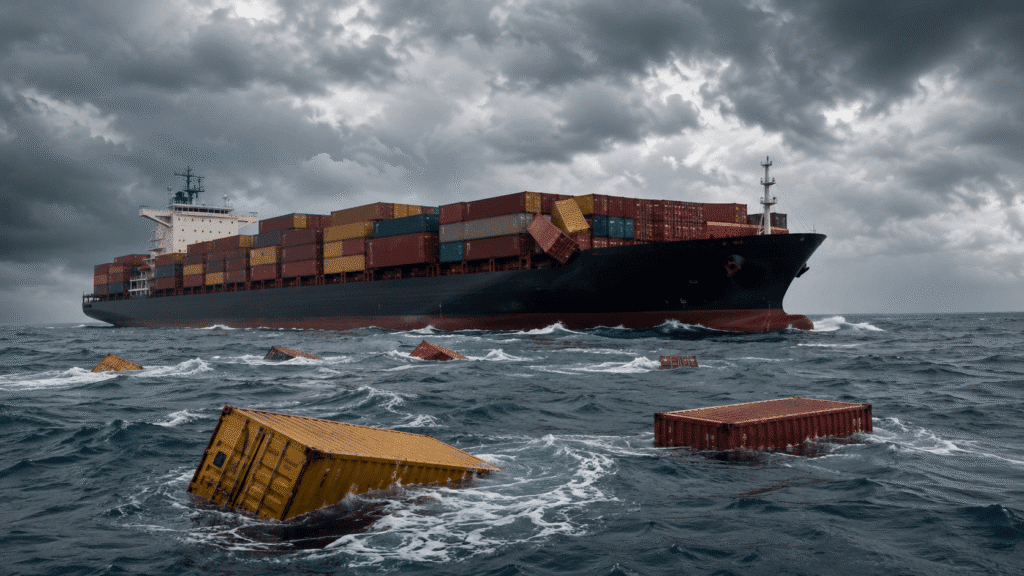 General average port call with cargo containers overboard near a container ship in rough seas