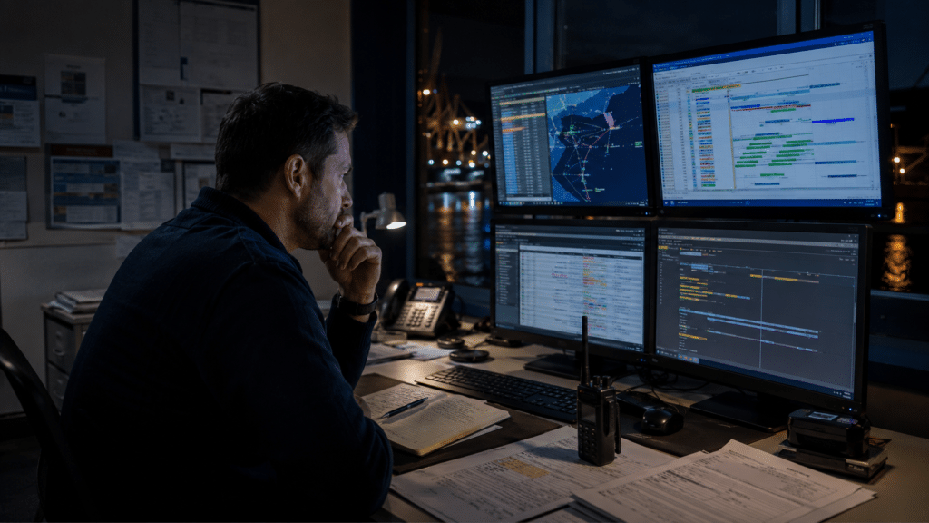 Port agent reviewing vessel call details during a night shift handover.