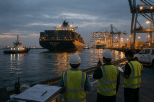 Cargo vessel approaching berth while port operations team coordinates the port agent shift handover.