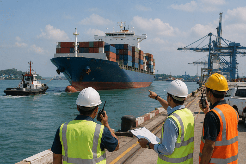 Cargo vessel approaching berth while port operations team coordinates the call.
