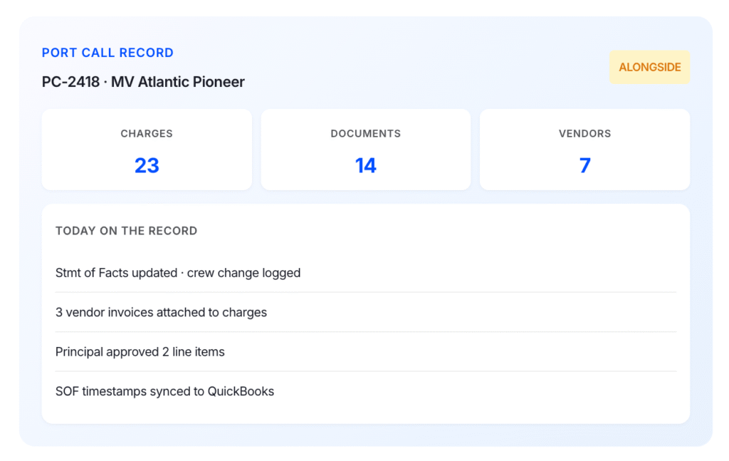 Base dashboard showing how voyage management system vs port call software records connect charges, documents, vendors, and vessel-call updates.