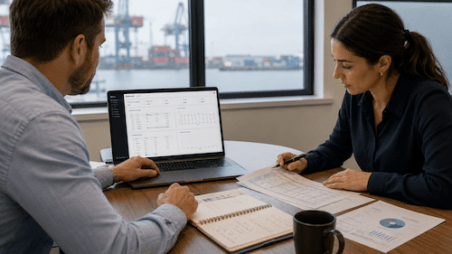 Port agency team reviewing a Base dashboard and paper records while comparing Inchcape OneCape alternatives for port-call tracking, DA workflows, and cost visibility.