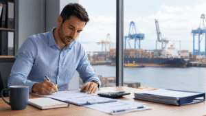 Port office professional reviewing financial paperwork for QuickBooks for shipping companies