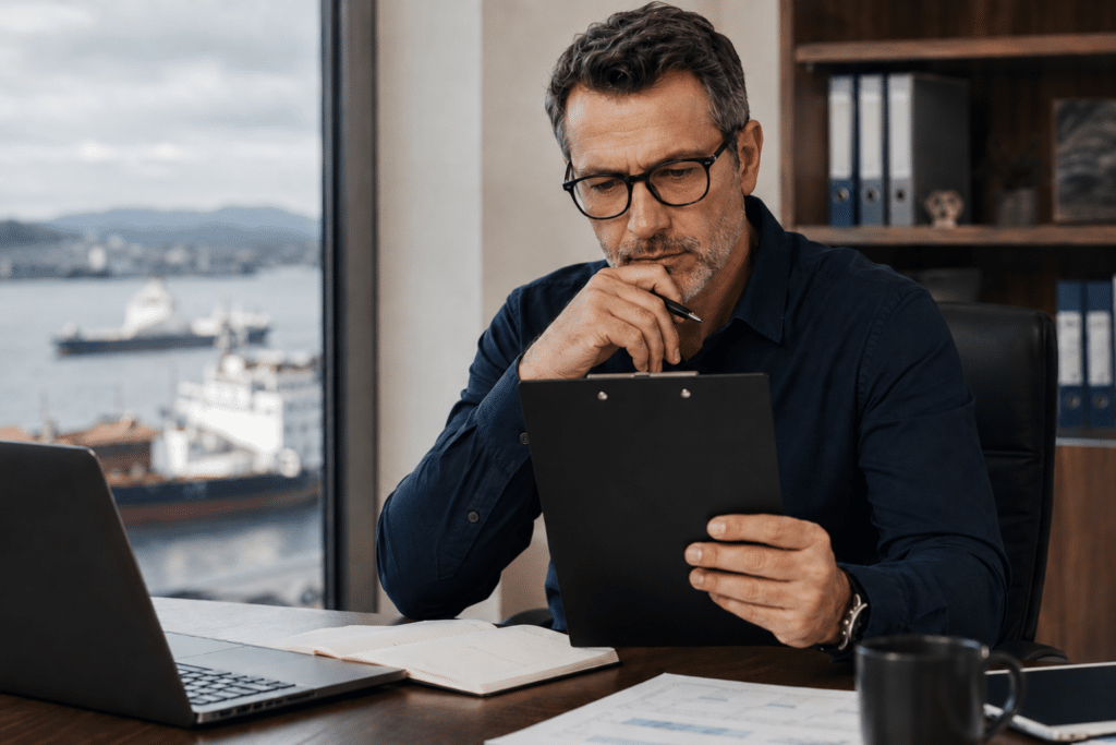 Port agent performance evaluation by a maritime principal reviewing a black clipboard in a port office