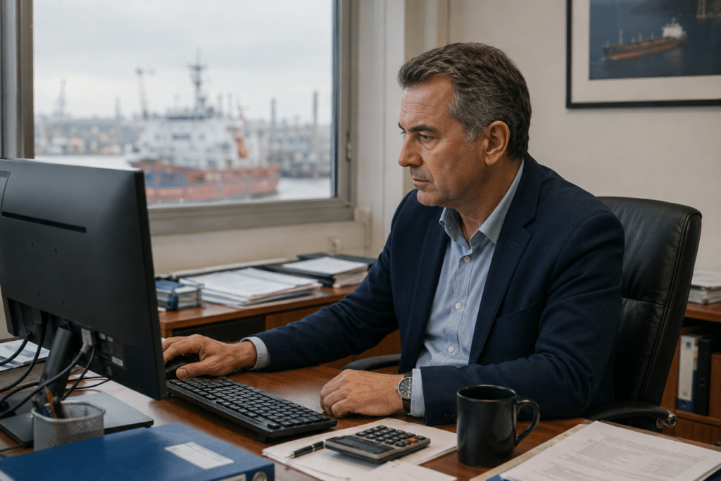 Ship owner reviewing outsourced disbursement account processing and port-call costs on a computer in a harbor office.