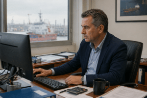 Ship owner reviewing outsourced disbursement account processing and port-call costs on a computer in a harbor office.