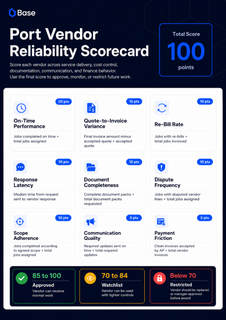 Port vendor reliability scorecard graphic showing vendor scoring dimensions for timing, cost, documents, communication, and payment friction.