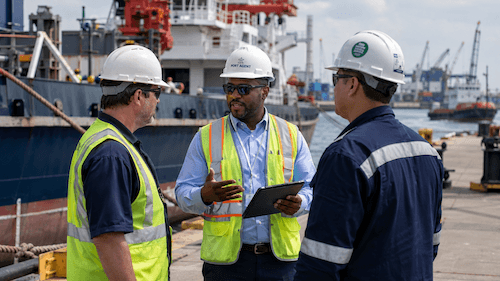 Port vendor reliability discussion between a port agent and vendors on the dock beside a cargo vessel.