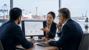 Hub-and-Sub-Agent Coordination meeting with a hub agent, sub-agent, and principal reviewing a shared port operations dashboard