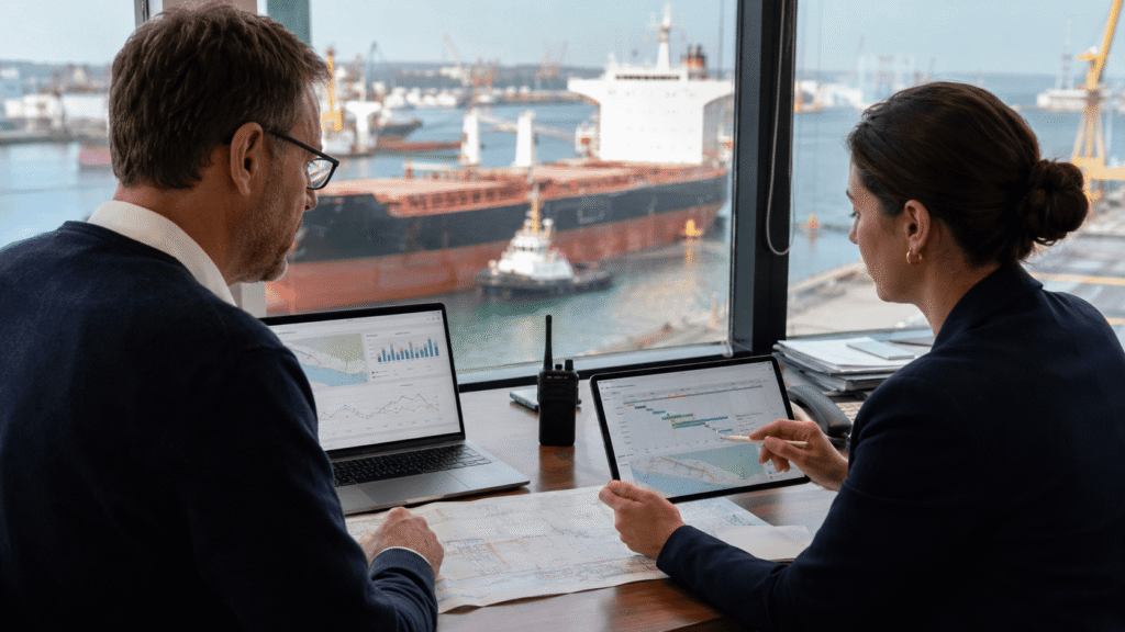 Maritime operations professionals reviewing vessel data and timelines for voyage management system vs port call software.