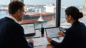 Maritime operations professionals reviewing vessel data and timelines for voyage management system vs port call software.