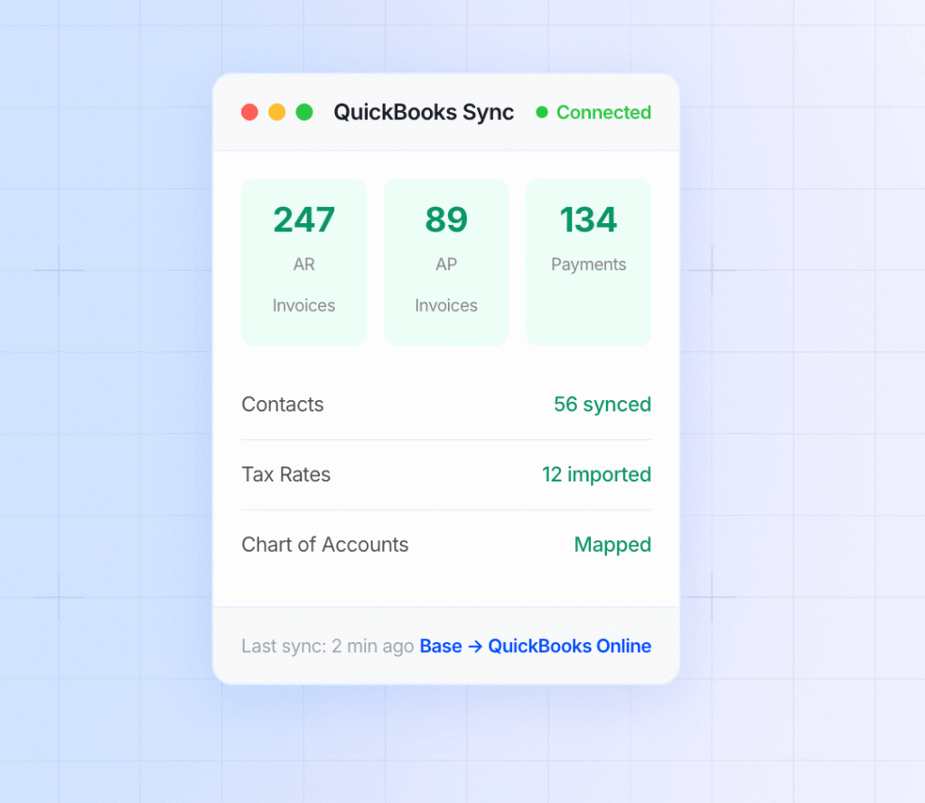 QuickBooks for shipping companies dashboard showing synced AR invoices, AP invoices, payments, contacts, tax rates, and chart of accounts