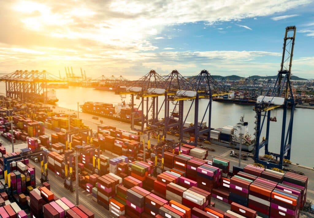 Port agent performance across a busy container port with cranes, vessels, and stacked cargo