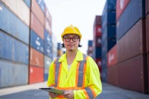 Port agent performance inspection by a logistics worker standing between stacked shipping containers