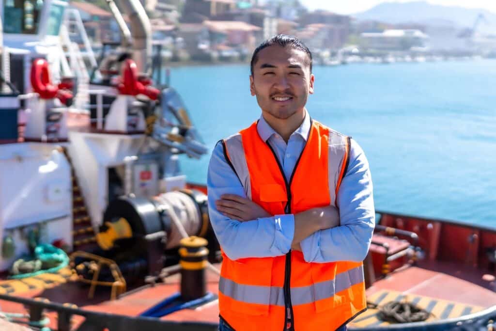Port worker standing on a tugboat deck, showing the agent and operations coordination supported by demurrage management software.