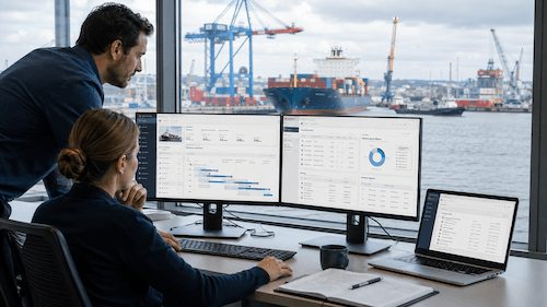 Two people work at a desk with three monitors displaying charts and data powered by advanced maritime software solutions. Large windows show cargo ships, cranes, and a busy seaport outside.
