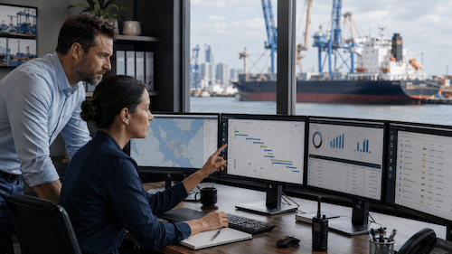Two people in an office overlooking a port, analyzing data on four computer monitors displaying charts, graphs, and a map powered by advanced maritime software. With cargo ships and cranes visible outside the window, they collaborate to optimize operations—reflecting how maritime software companies are transforming the maritime industry through innovative digital solutions.
